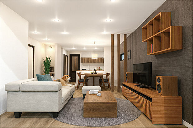 【【パース図:1号地リビング】】大切なご家族が集まるからこそLDKはこだわりたい!子供たちが走り回っても十分な広さです。