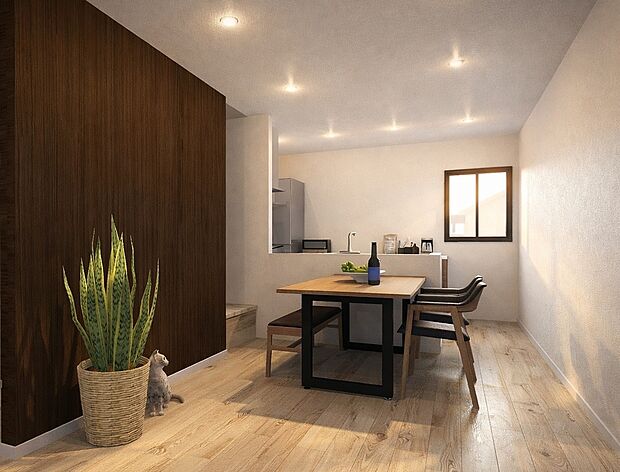 【【内観パース：リビング】】ここにはみんなが集い、食事と楽しい会話が始まる。話に夢中になりすぎて、ついつい時を忘れてしまう。そんな束の間の幸せを感じさせてくれる場所。
