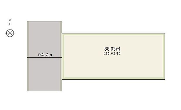 【区画図】
前面道路は西側、幅員約4.7m。アスファルト舗装済みのため、徒歩や自転車での移動もスムーズに行えます。土地の購入から建築までがスムーズな建築条件付き売地。是非、お気軽にお問い合わせください