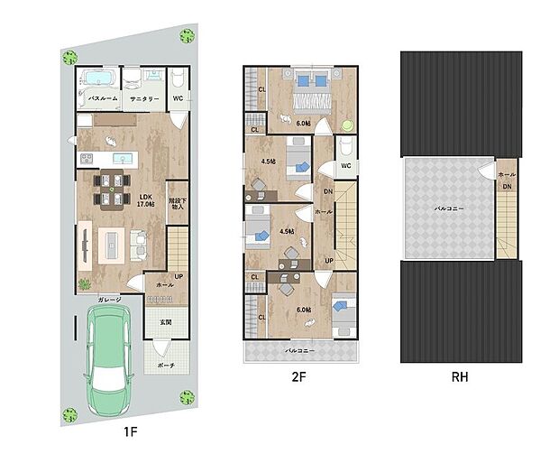 【1号地・参考プラン図】
1階にLDKと水回り、2階にそれぞれの個室を配置した4LDKの住まい。開放感のあるルーフバルコニー付きのプランです。《建物面積95.98m2、建物価格1640万円》