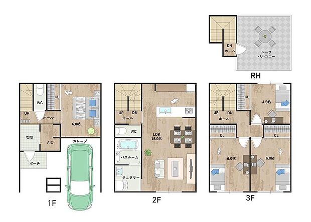 【2号地・参考プラン図】
2階に水回りを集約した家事動線良好な間取り。暮らしの楽しみが広がる、広々ルーフバルコニー付きの住まいです。《建物面積103.68m2、建物価格1862万》