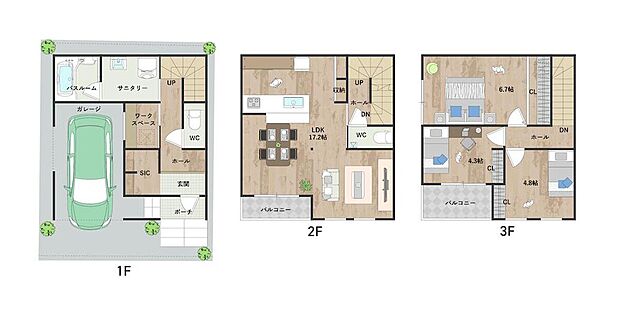 【1号地・間取図】
LDKは約17.2帖。2階リビングにつき、外からの視線が気になりにくく、ゆっくり寛げます。1階にワークスペースあり。2階と3階に南向きバルコニーを設けた明るい住まいです。