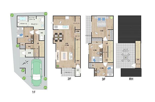 【本分譲地に建築可能な建物プラン例】
約20帖の明るいLDKは、ホームパーティーにも相応しい空間。キッチン横にはパントリーを設けました。《分譲地外、建物面積107.32m2、建物価格1928万円》