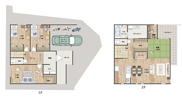 【間取り図】
2階LDKには和室が隣接しており、多様な暮らし方を実現できます。2ヶ所のWIC、SIC、パントリーなどの収納を含め、全居室に収納有り。すっきりと整う暮らしが叶う住まいです。