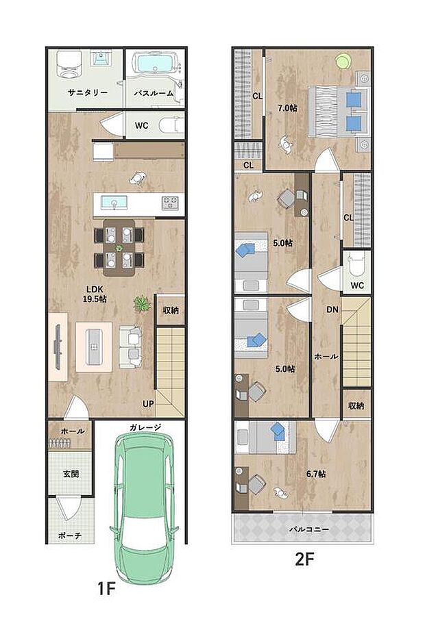 【1号地・参考プラン図】
LDKは広々約19.5帖。対面式キッチン&リビング階段仕様で、ご家族のコミュニケーションが取りやすいプランです。《建物面積101.44m2、建物価格 2119万円》