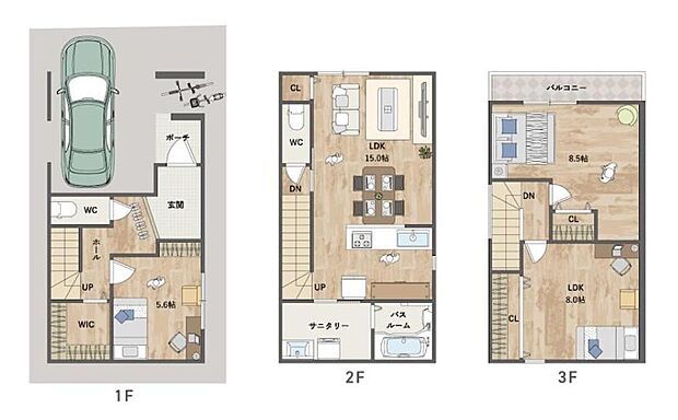 【3LDK+S】ご家族が集うLDKは約15.0帖。LDKと水回りを2階に集約した家事動線良好な間取りです。3階洋室2部屋は8.0帖以上とゆとりの広さが魅力。WICを含め、全居室に収納を備えています。
