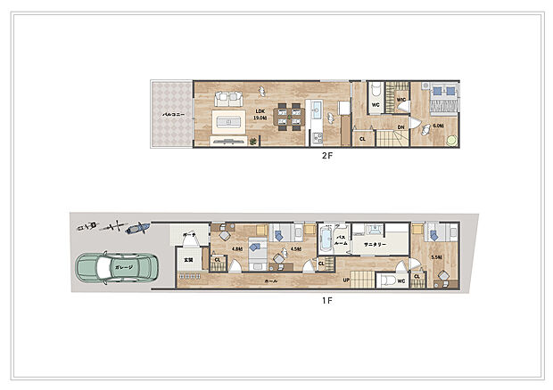 【4LDK】道路からの視線を気にせずにゆったり過ごせる2階LDKは約19.0帖。1階には2ドア1ルームを設け、ライフスタイルの変化にも柔軟に対応できます。WICを含め豊富な収納も備えた住まいです。