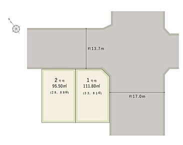  【全体区画図】
自由設計対応×全2区画の分譲地！ライフスタイルに合わせたプランで、理想の住まいを実現可能◎買い物施設・病院が徒歩7分圏内に揃う便利なロケーションです。 