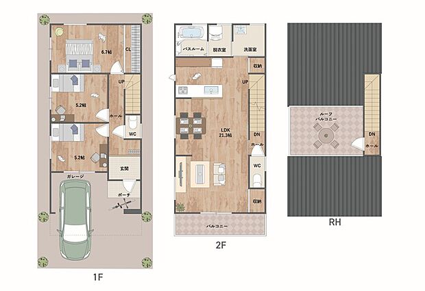 バルコニーサイドのLDKは21帖超の大空間！水廻りを集約し、家事動線に配慮した設計◎多彩に活用できるルーフバルコニー付きの住まいです。《建物面積91.12m2、建物価格1594万円》