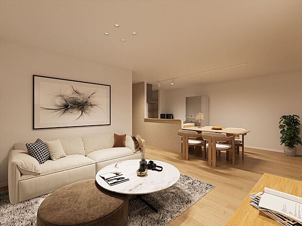 【【7号地・内観パース】】LDKは約18帖のゆとりある広さ。2面採光につき、通風良好です。パントリーやリビング収納付きのため、住空間がすっきりと片付きます。