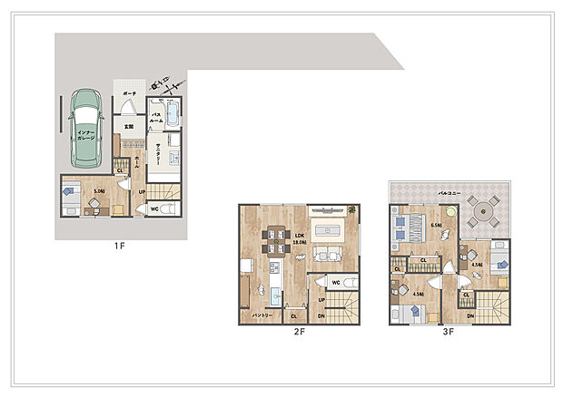 【4LDK】開放的な空間が広がる2階LDKは約18.0帖。キッチンに横並びにダイニングセットを配置できるスペースを確保しています。全居室に収納を備え、すっきりと整う暮らしが叶う住まいです。