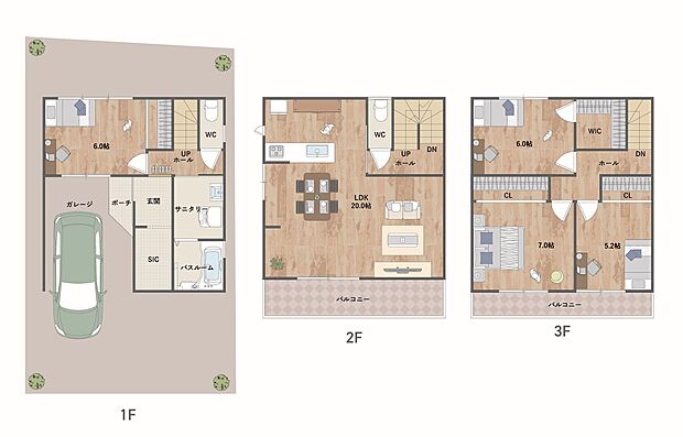 インナーガレージ付き3階建プラン。LDKは広々約20帖、バルコニーに面する開放的な空間です。WIC、SICなど豊富な収納付き。《建物面積 106.92m2、建物価格 1827万円》