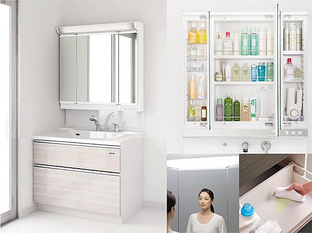 【【洗面台／ELICIO】】≪Takara standard製≫　
ホーロークリーン洗面パネル、
スタイリッシュ3面鏡、ミラー裏収納、
ホーロー底板