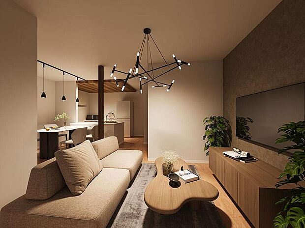 【【1号地・完成予想図(LDK)】】LDKは約17.2帖のゆとりある広さ。2階リビングのため、外からの視線が気になりにくく、ゆっくりと団らん時間を過ごしていただけます。