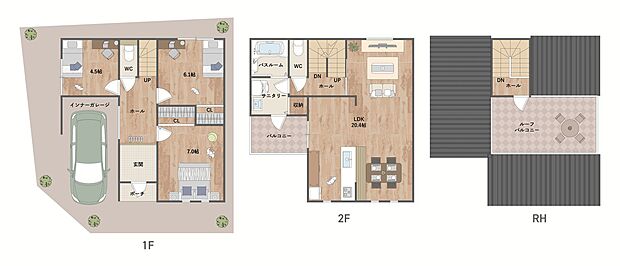 陽当り・通風・プライバシーに配慮した、20帖超の2階LDK。水回りも2階に集約。サニタリーから直接バルコニーへ出入りでき洗濯動線良好です。
