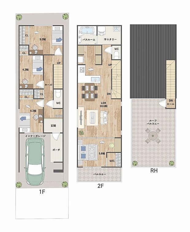 2階LDKには約5.6帖の洋室が隣接。シーンにあわせて一体利用が可能です。広々としたルーフバルコニーはご家族の憩いの空間としても◎《建物面積96.99m2、建物価格1742万円》