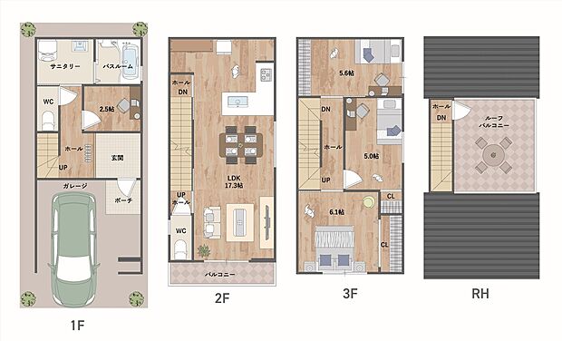 L字型の対面式キッチンを採用した2階LDKは約17.3帖。開放的な寛ぎ空間です◎お家時間がより充実する、ルーフバルコニー付きの住まいです。《建物面積96.18m2、建物価格1727万円》