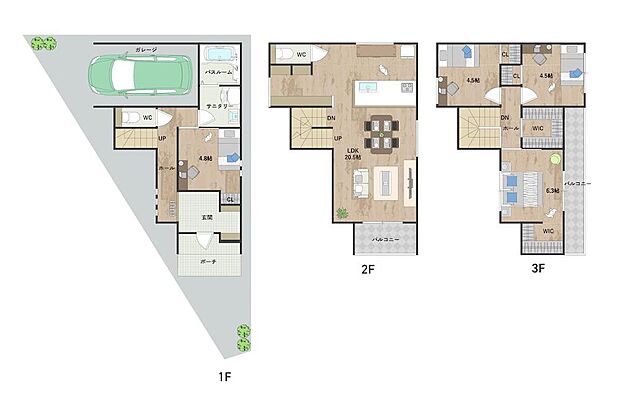 【4LDK+3S(SCL+WIC+WIC)】3階建て、4DLKの住まい。家族が集うLDKはゆとりの約20.5帖。LDKは2階に配置し、プライバシーにも配慮。カースペースは1台駐車可能(車種による)。