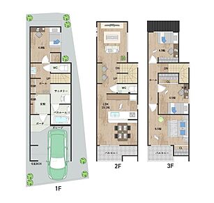 2階、3階にバルコニーを設けた開放感のある住まい。約19.1帖のLDKは、寛ぎのリビング空間と、食事を楽しむダイニング空間をゆるやかに分けた、メリハリのある間取り設計です。 