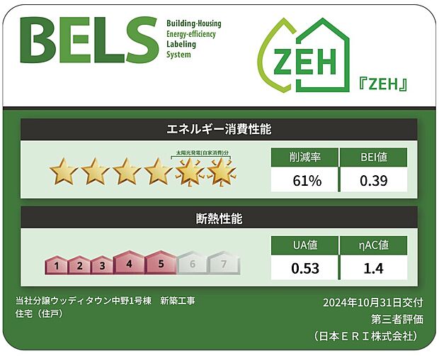 BELS認定取得のZEH仕様住宅です。エネルギー消費性能、最高レベルの6つ☆取得！