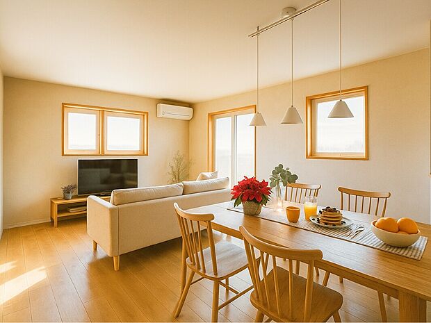 D号棟完成予定パース。明るく開放的なリビングダイニング。複数の窓からたっぷりと自然光が差し込み、部屋全体を明るく開放的に見せています。白い壁と明るい木目の床が、光をより一層引き立てます。