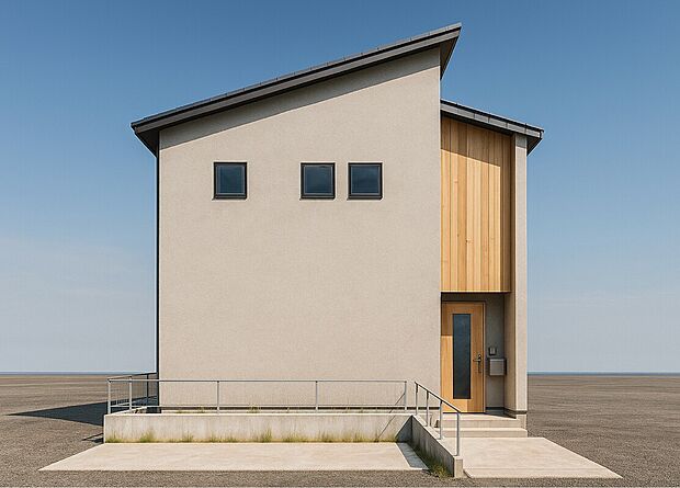 無駄を削ぎ落としたシンプルモダンな外観が、映える一邸。落ち着いたベージュの塗り壁調と、玄関周りの木質のアクセントウォールが絶妙なコントラストを生み出し、洗練された印象を与えます。