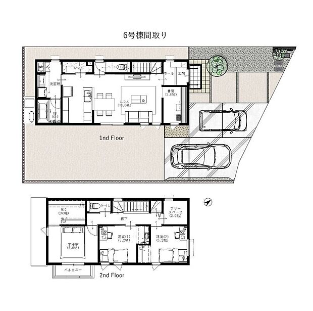 1階書斎＆2階フリースペースで夫婦別々のワークスペースを確保！大型WICやパントリーで忙しい朝もスッキリ。並列2台駐車可能で車移動もスムーズです。共働き・子育て世帯の『欲しい』が詰まった間取りです。