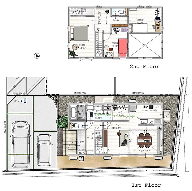 【3LDK】リビング上の吹抜けが開放感をもたらし、上部窓からの光がリビング空間を明るくします。キッチン～WIC～洗面室が一直線に並んだ間取りは、家事動線アップ。