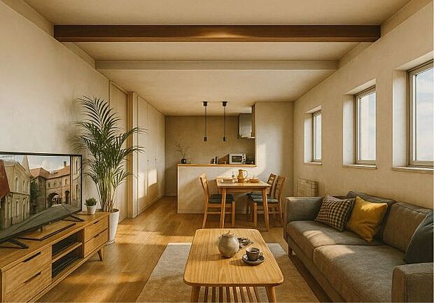 【完成予想図(LD)】天然木の温もりと木製の梁が、空間に深みと安らぎを与えます。カフェのような明るいLDは、都会の喧騒を忘れさせてくれる極上のリラックス空間です