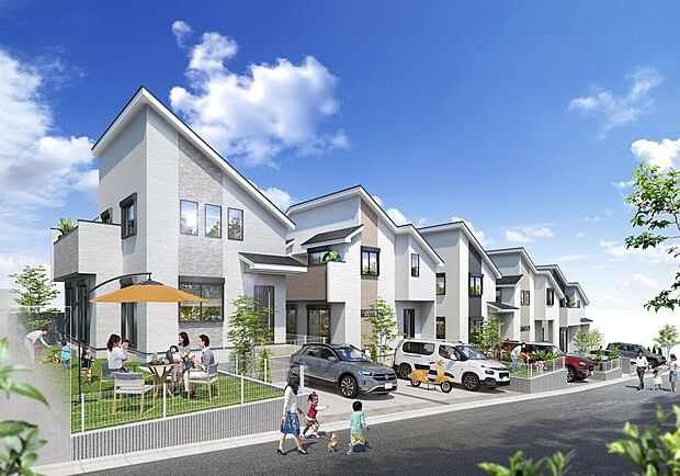 完成予想イメージ：閑静な住宅地で子育て家族にピッタリ。毎日のお散歩も快適な緑に恵まれたエリアで、自然に包まれた穏やかな暮らしを実現するための、ゆとりある住環境が整っています。