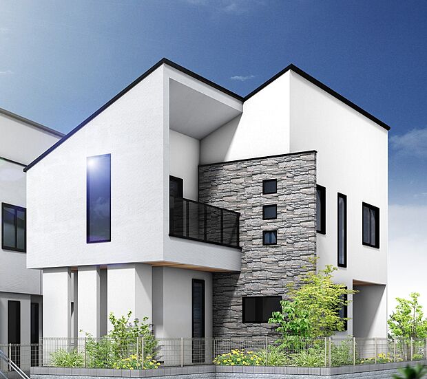 【現地外観写真】【プラン例 建物価格2138万円 建物面積面積99.57平米】 Fredge(フレッジ)アクセントの石の印影が映し出す、豊かな個性。拘りぬいたデザインがファサードに重厚感漂う風格をもたらします。