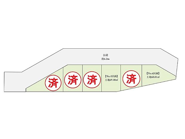 全体区画図：閑静な住宅地で子育て家族にピッタリ。毎日のお散歩も快適な緑に恵まれたエリアで、自然に包まれた穏やかな暮らしを実現するための、ゆとりある住環境が整っています。