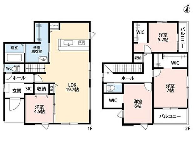 4LDK、土地面積183.21m2、建物面積112.96m2 オール電化☆
4LDK!LDK広々19.7帖!リビング収納&パントリー付き!
洗面室収納&2階全居室ウォークインクローゼット