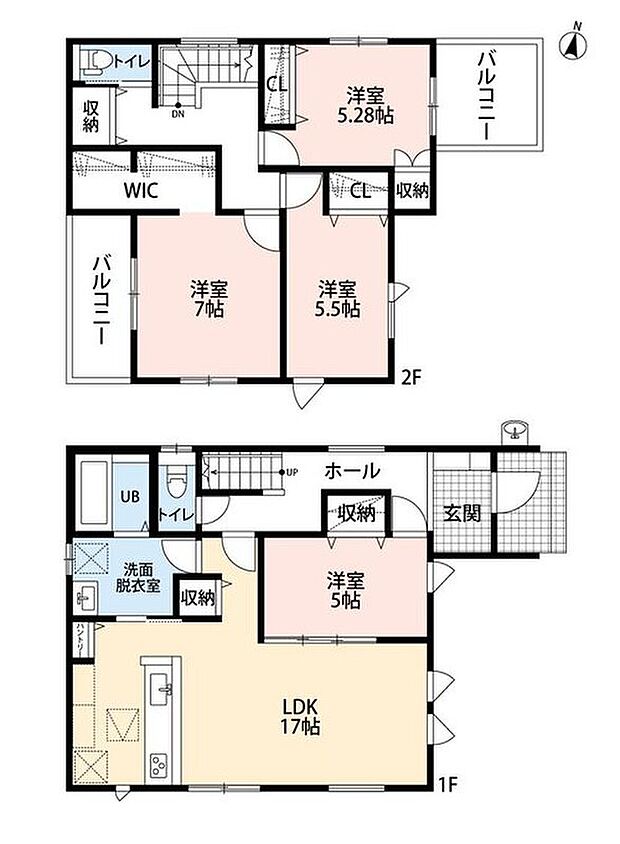 (1号棟)4LDK、土地面積125.87m2、建物面積107.43m2