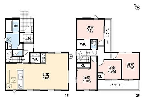 【4LDK】ご家族でゆったりと寛げる広々LDK21帖。
ファミリークロークとウォークインクローゼットが完備された充実した間取りです。
