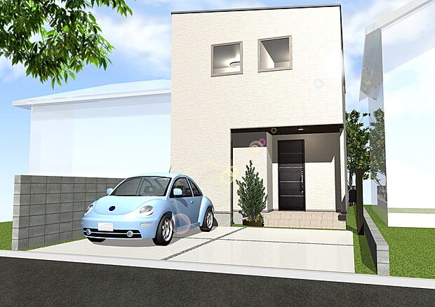 【外観イメージパース】キューブ型のスタイリッシュな外観。前面道路幅員8ｍ。