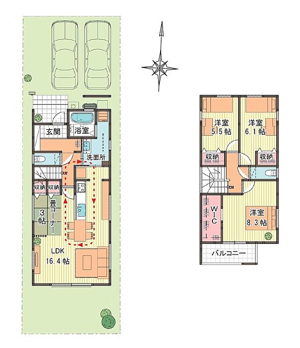 ～明るく風通しの良い家～１階ホール、洗面室、パントリー、キッチン、リビングが回遊動線になった間取り。ドアは引戸仕様なので、開放したまま移動できる快適回遊動線です。