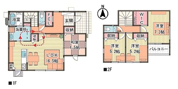 ~充実したおうち時間を楽しめる開放的な家~リビングの前には広々としたプライベート空間が広がります。水回りをコンパクトにまとめた回遊動線で家事もはかどります。適所に収納があるのもうれしいポイント。