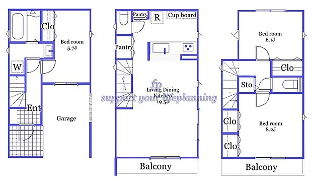 【3LDK】パントリー　カウンターキッチン　廊下収納　バルコニー2ヶ所　主寝室8帖以上　全室南窓　全居室2面採光　全室5帖以上