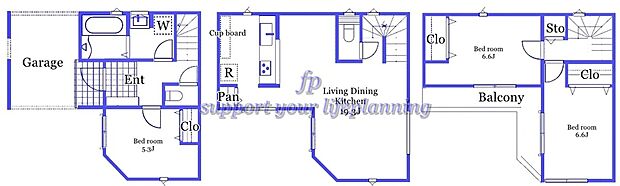 【7号棟　間取図】価格： 4390万円　間取り： 3LDK　土地面積： 60.91m2　建物面積： 101.85m2　／　広々バルコニー　パントリー　全室5帖以上　全室2面採光
