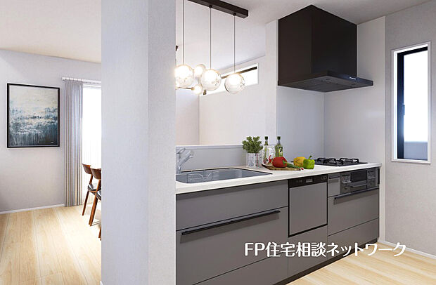 【完成予想図～会話が弾むカウンターキッチン】リビングで遊ぶお子様を見守りながらお料理が出来る対面式カウンターキッチンは、料理をしながらご家族との会話を楽しめます。大切なご家族をいつも身近に感じられ、毎日のお料理も楽しくなりますね。
