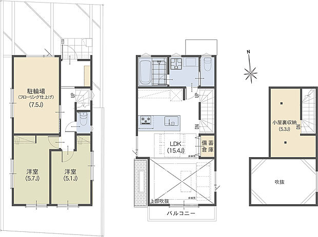 【【参考プラン】２ＬＤＫ＆室内駐輪場＆グルニエ＆駐車場】□建物面積 76.39ｍ2(駐輪場12.42ｍ2、備蓄倉庫1.24ｍ2含む)
□建物価格 2000万円
□土地建物総額 8680万円(税込)