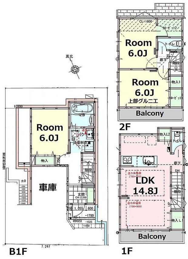 【2SLDK＋グルニエ】※建物面積に車庫7.0ｍ2，地下室24.18ｍ2含む