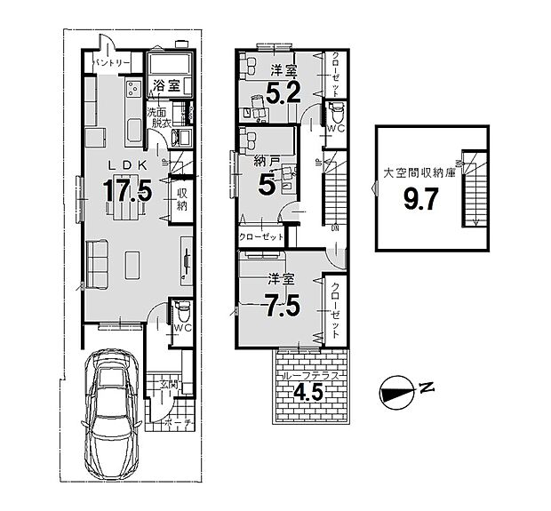 建物参考プラン例(建物価格2677万円、建物面積90.66m2)
※間取り図・パース・写真中に車や家具を掲載の場合は、配置例を示したもので実際に設置されているわけではありません。