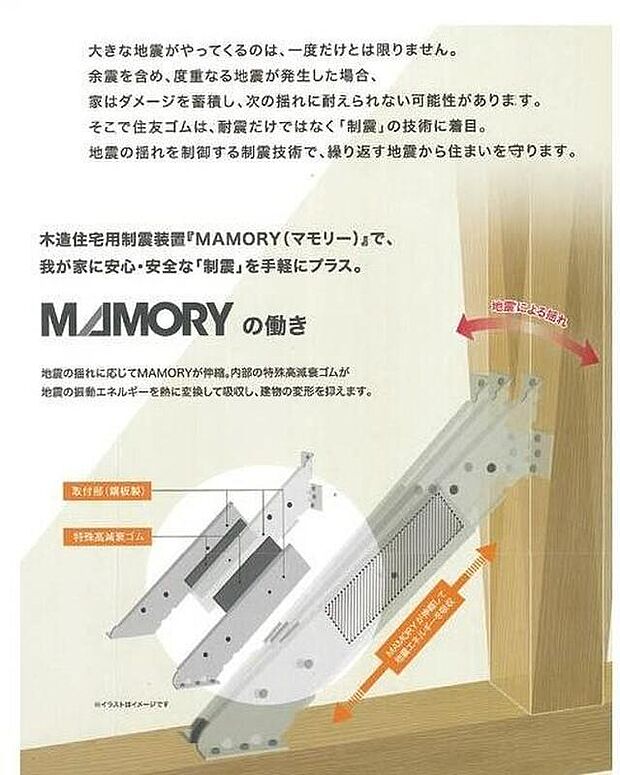 【木造住宅用制振装置『MAMORY(マモリー)』】大きな地震がやってくるのは、一度だけとは限りません。余震を含め、度重なる地震が発生した場合、家はダメージを蓄積し、次の揺れに耐えられない可能性があります。そこで住友ゴムは、耐震だけではなく「制震」の技術に着目。地震の揺れを制御する制震技術で、繰り返す地震から住まいを守ります。