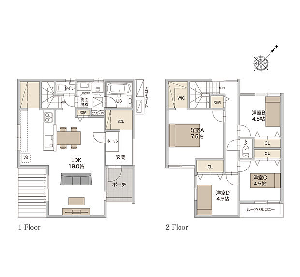 【４LDK】１Fのリビング階段は外出時など家族と顔を合わせやすく家族間のコミュニケーションが増えます。２Fの各部屋には収納を設置しており、すっきりとした空間で過ごす事が出来ます。