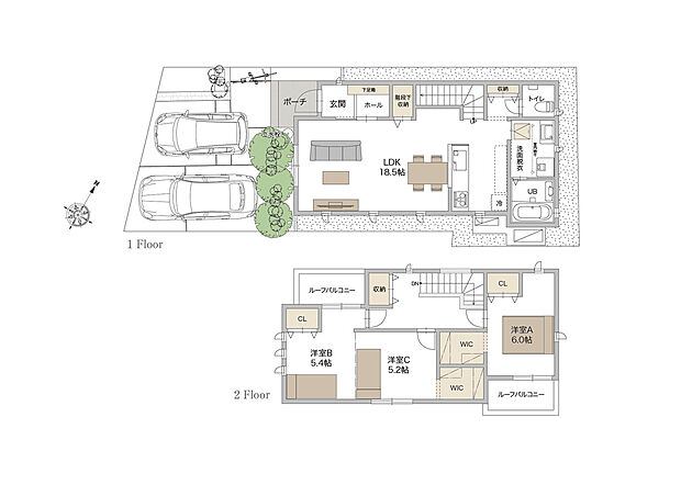 【3LDK】～各所に空間を活かした充実収納の住まい～
LDK18.5帖に階段下やキッチン隣に収納を配置。洋室Bと洋室Cは2ドア1ルームになっており、家族の成長と共に変化させることができます。２Fniウォークインクローゼットが2か所あり整理整頓に便利。