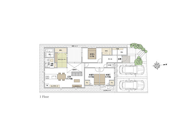 【3LDK+S】LDK17.7帖にサービスルームとしてタタミコーナーを設置。洋室Bと洋室Cは2ドア1ルームになっており、家族の成長と共に変化させることができます。洋室Aにはウォークインクローゼットがあり整理整頓に便利。