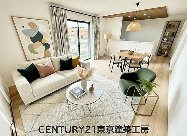 【家具はCGにてレイアウト】
◇広々とした開放感あふれるリビングです。ゆったり寛げる充分な広さがございますので、ご家族でインテリアのレイアウトを考えるのも楽しみになりそうです。