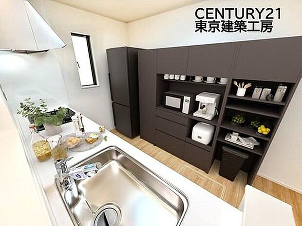 【同仕様:家具はCGにてレイアウト】
◇対面式を採用したキッチンですので、リビングで寛ぐご家族をいつも感じられます。会話を楽しみながら家事ができます。